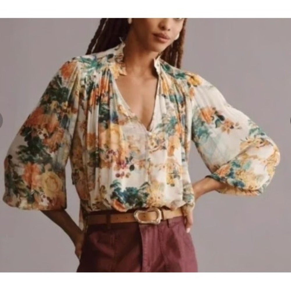 Floral Pleated V-Neck Blouse in Cream and Mustard